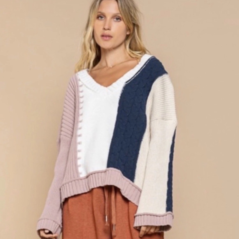 POL V-Neck Color Block Chunky Knitted Sweater Women’s‎ Size M